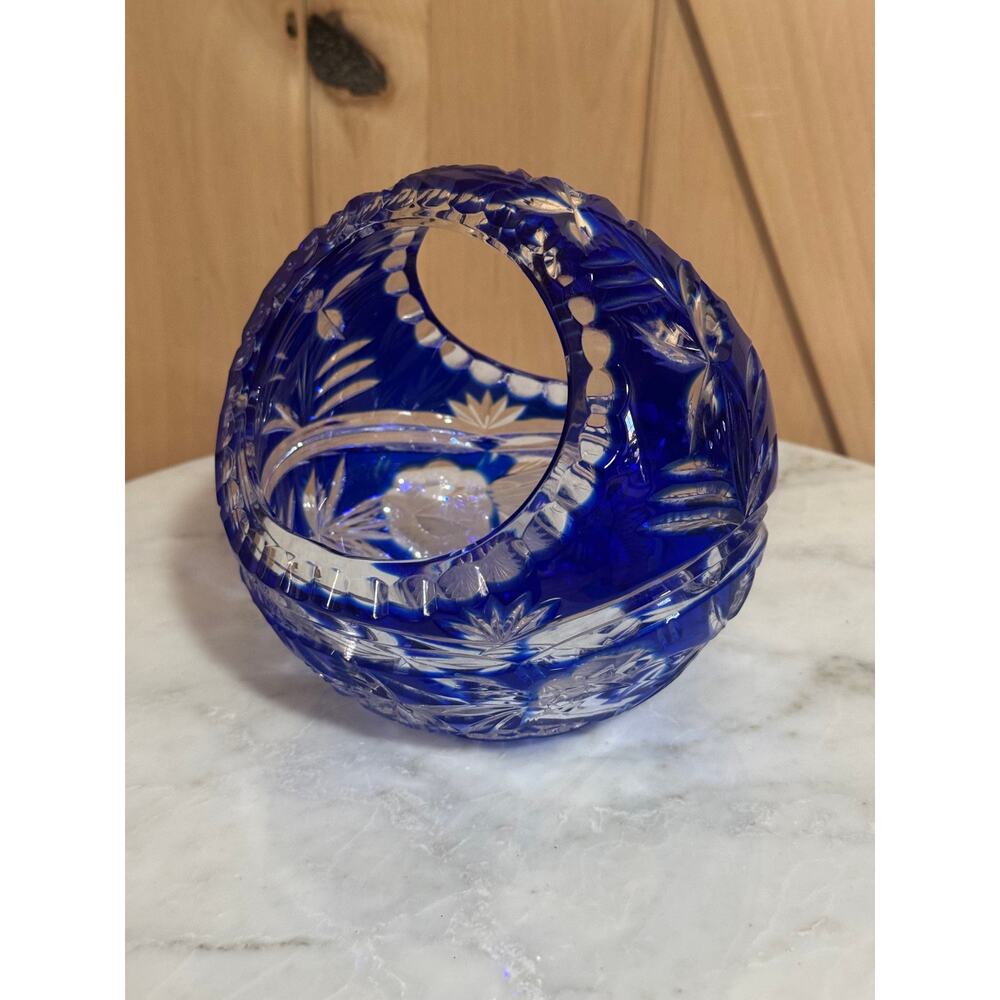 Vintage Bohemian Cobalt Blue Lead Crystal Basket